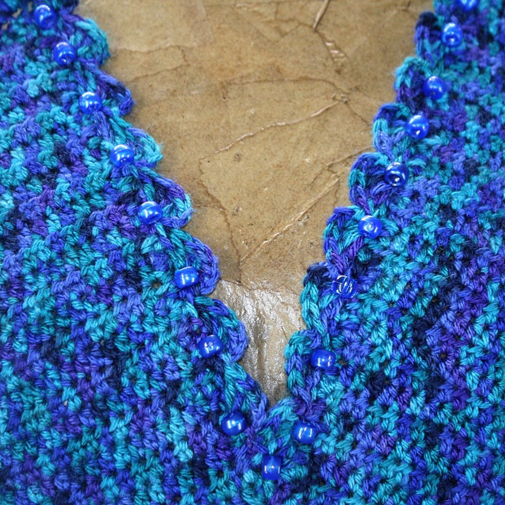 HAND CRAFTED Crop Top Crochet Halter Bikini Beaded Festival Blue Fringe Marled - Picture 5 of 14